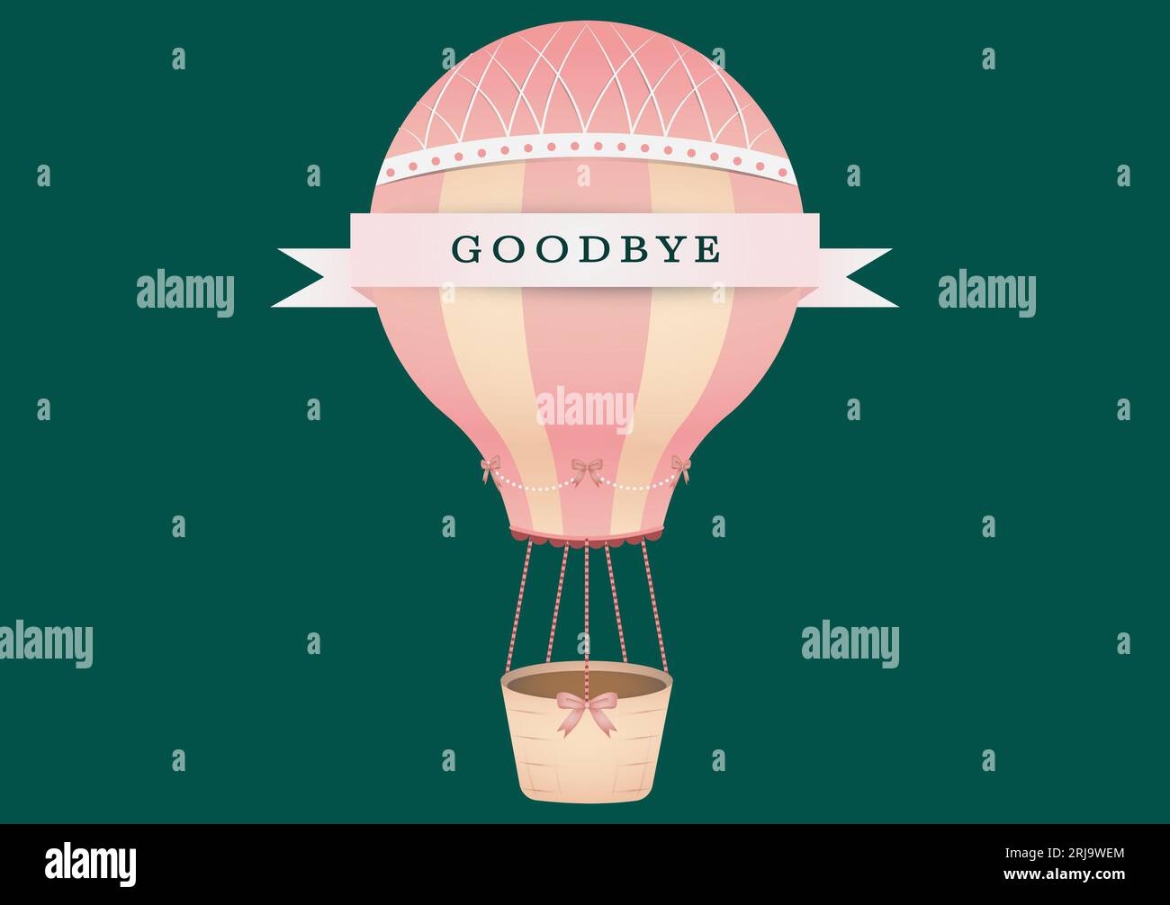 Abbildung eines Heißluftballons mit Abschiedstext auf grünem Hintergrund, Kopierraum Stockfoto