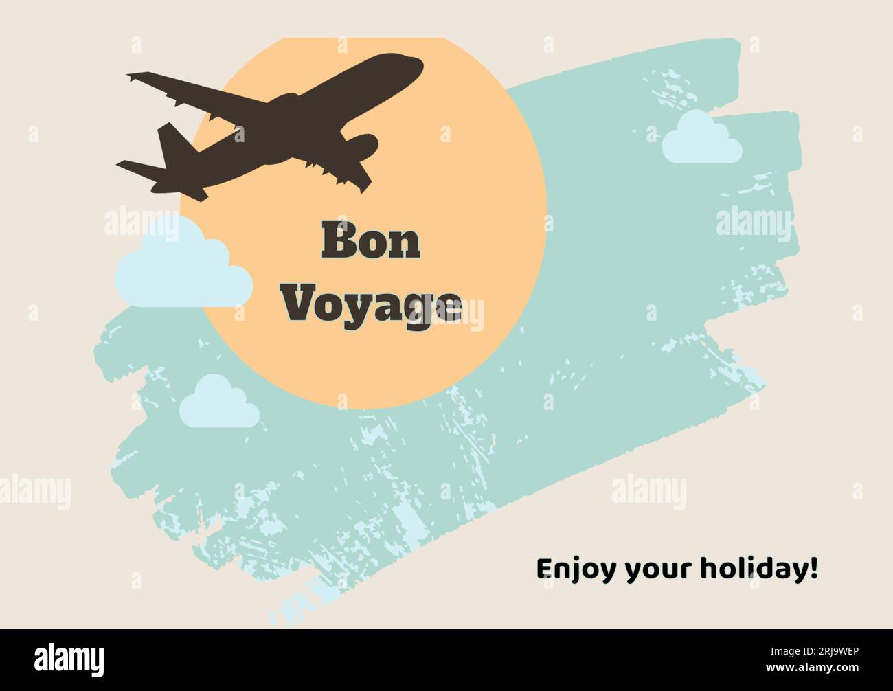 Illustration der Bonreise und genießen Sie Ihren Urlaubstext mit Flugzeug, Sonne und Wolken, Kopierraum Stockfoto