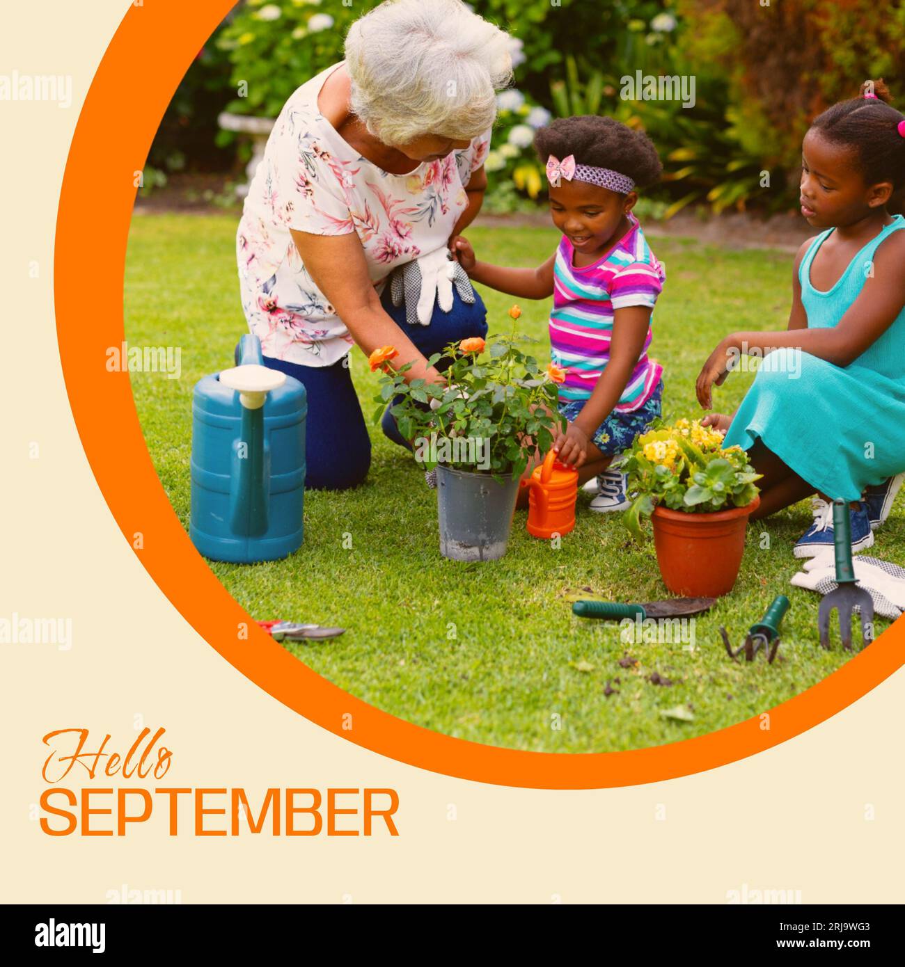 Komposition aus dem Hello september Text über die Gartenarbeit der afroamerikanischen Großmutter und Großtöchter Stockfoto