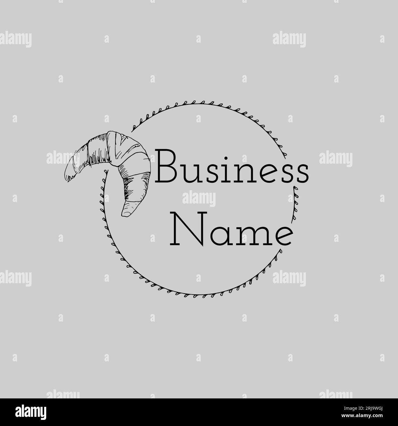 Abbildung: Text des Geschäftsnamens und Croissant mit Kreis auf weißem Hintergrund, Kopierraum Stockfoto