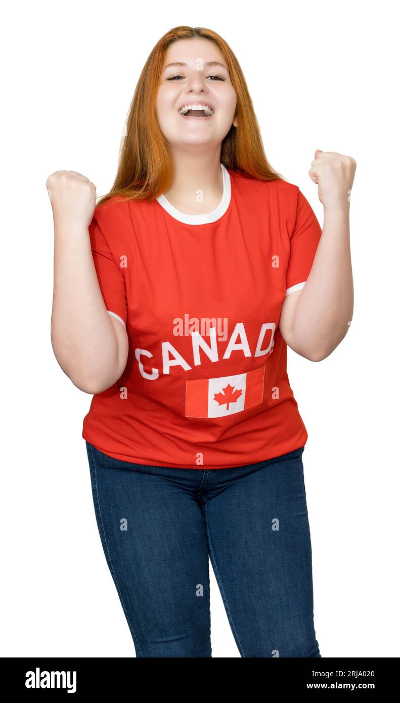 Ein jubelnder Fan der kanadischen Nationalmannschaft, isoliert auf weißem Hintergrund, um ausgeschnitten zu werden Stockfoto
