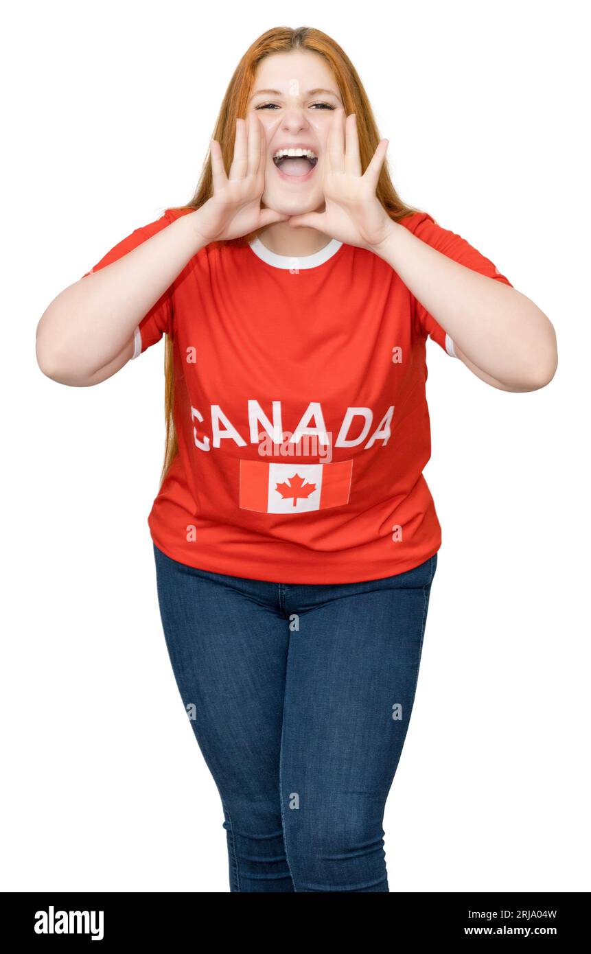 Glücklicher Fan der kanadischen Nationalmannschaft isoliert auf weißem Hintergrund für Ausschnitt Stockfoto