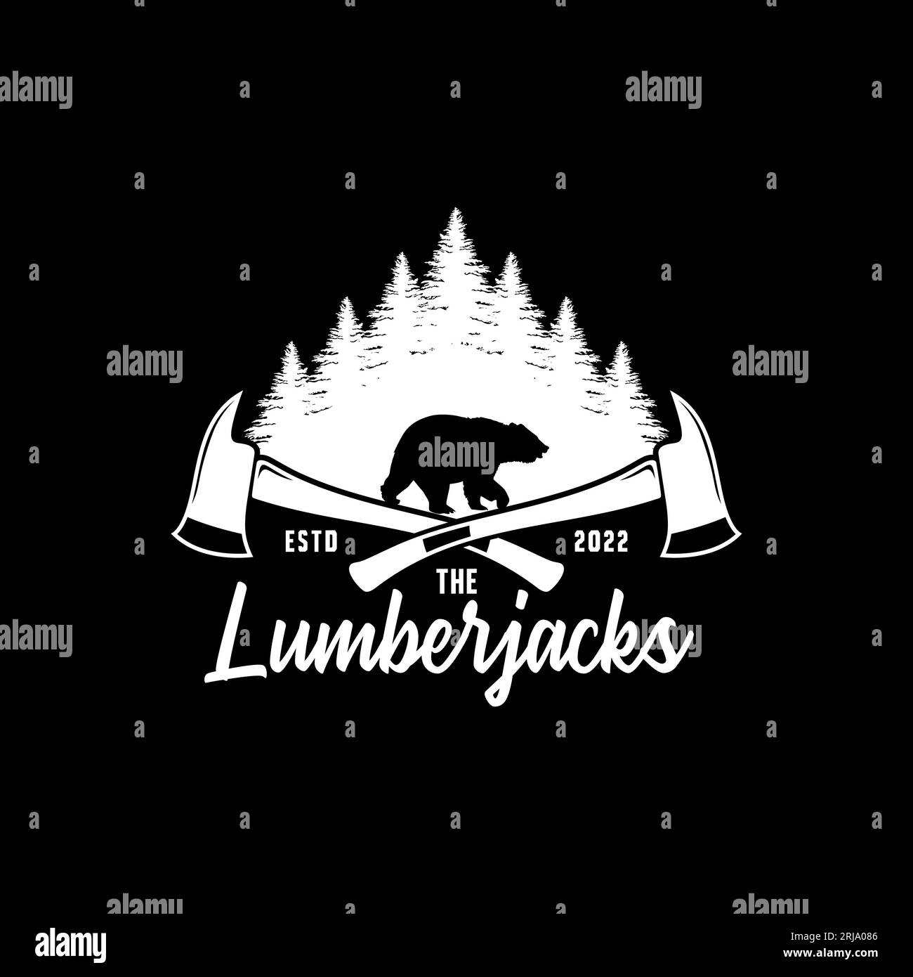 Lumberjacks-Logo mit Bär, Wald und Kreuzaxt Vektor-Label-Design für T-Shirt-Design Stock Vektor