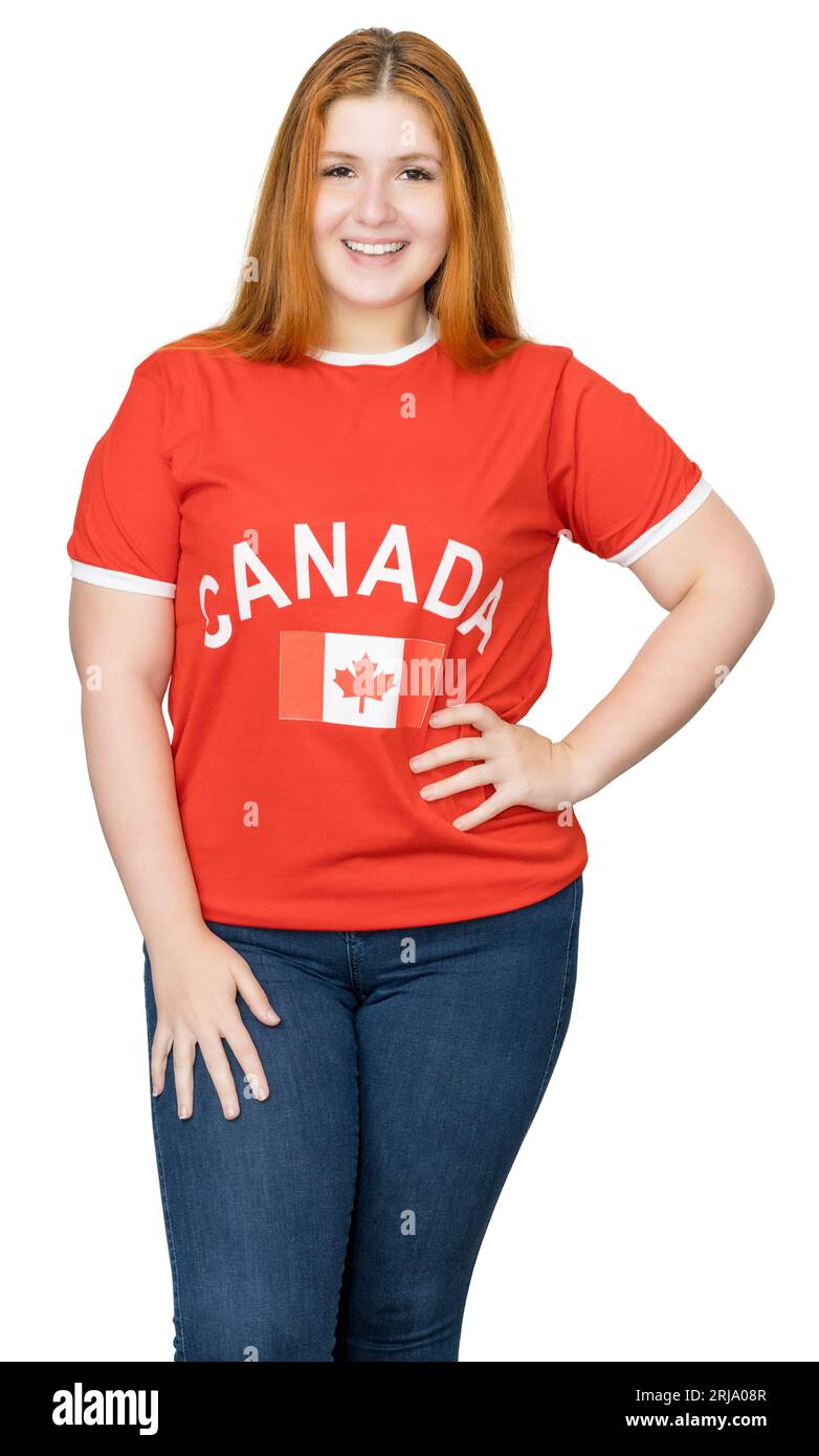 Hübscher Fan der kanadischen Nationalmannschaft isoliert auf weißem Hintergrund für Ausschnitt Stockfoto