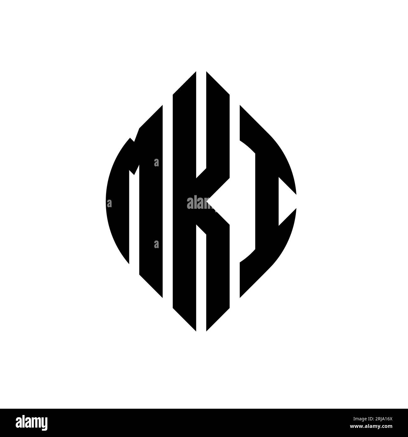 MKI-Logo mit kreisförmigem Buchstaben und Ellipsenform. MKI-Ellipsenbuchstaben im typografischen Stil. Die drei Initialen bilden ein kreisförmiges Logo. MKI CI Stock Vektor
