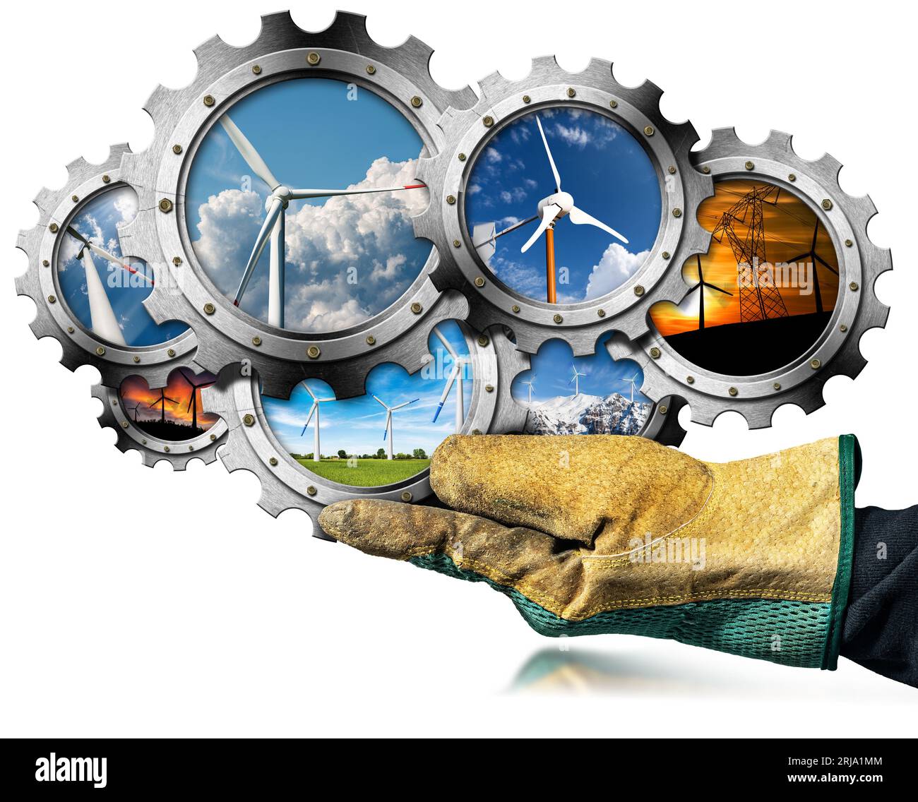 Handschuh mit einer Gruppe von sieben Metallzahnrädern (Zahnrädern) mit Windrädern im Inneren, isoliert auf weißem Hintergrund. Konzept für erneuerbare Energien Stockfoto