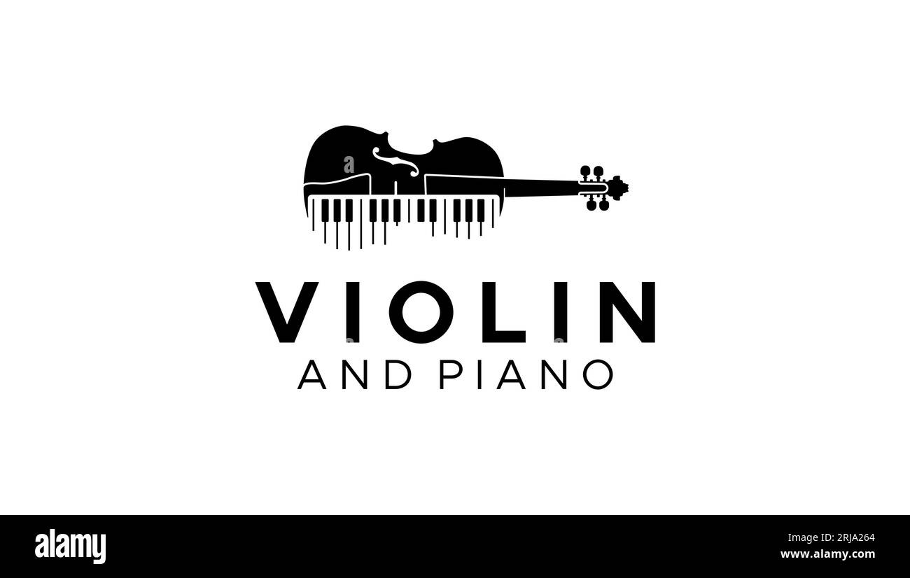 Violinviola- und Klaviertasten Logo-Design für Musikinstrumente Stock Vektor
