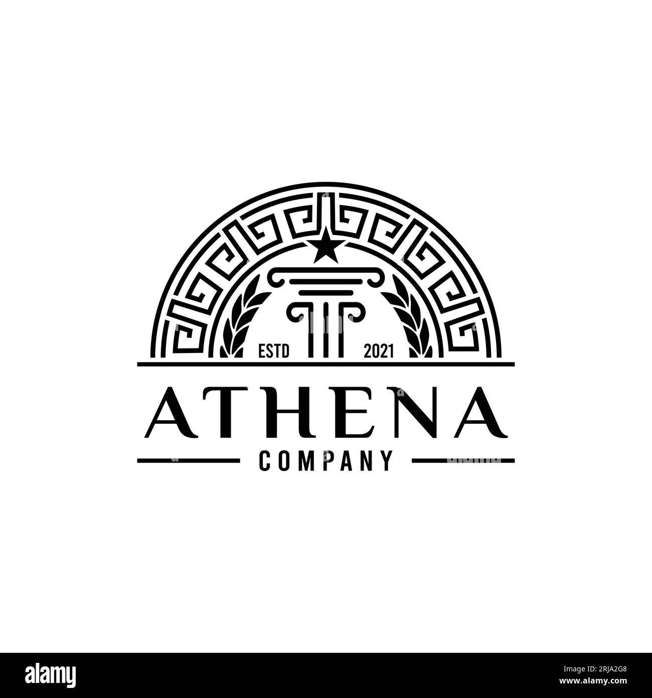 Alte griechische Säule, Laurel Wreath, Rahmenmuster Logo Design Vektor Stock Vektor