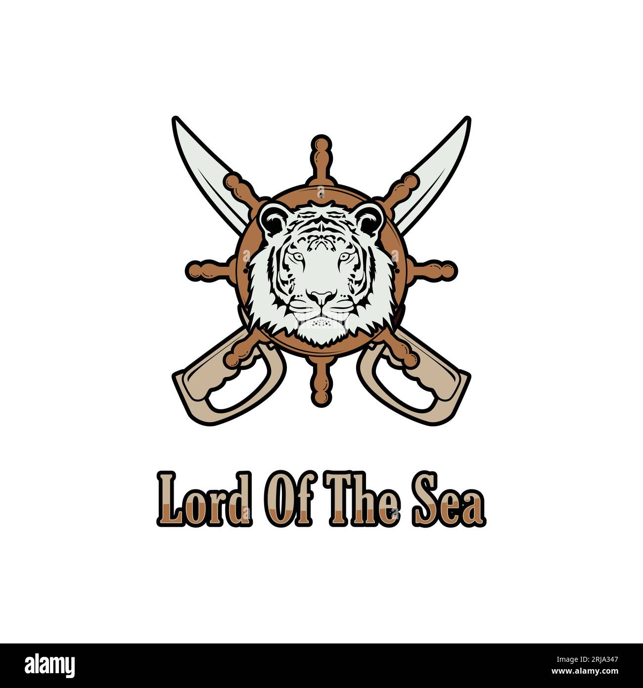 Piratenlogo Mit Tigerkopf, Lenkrad Und Kreuzschwert Vintage-Logo Als Inspiration Stock Vektor