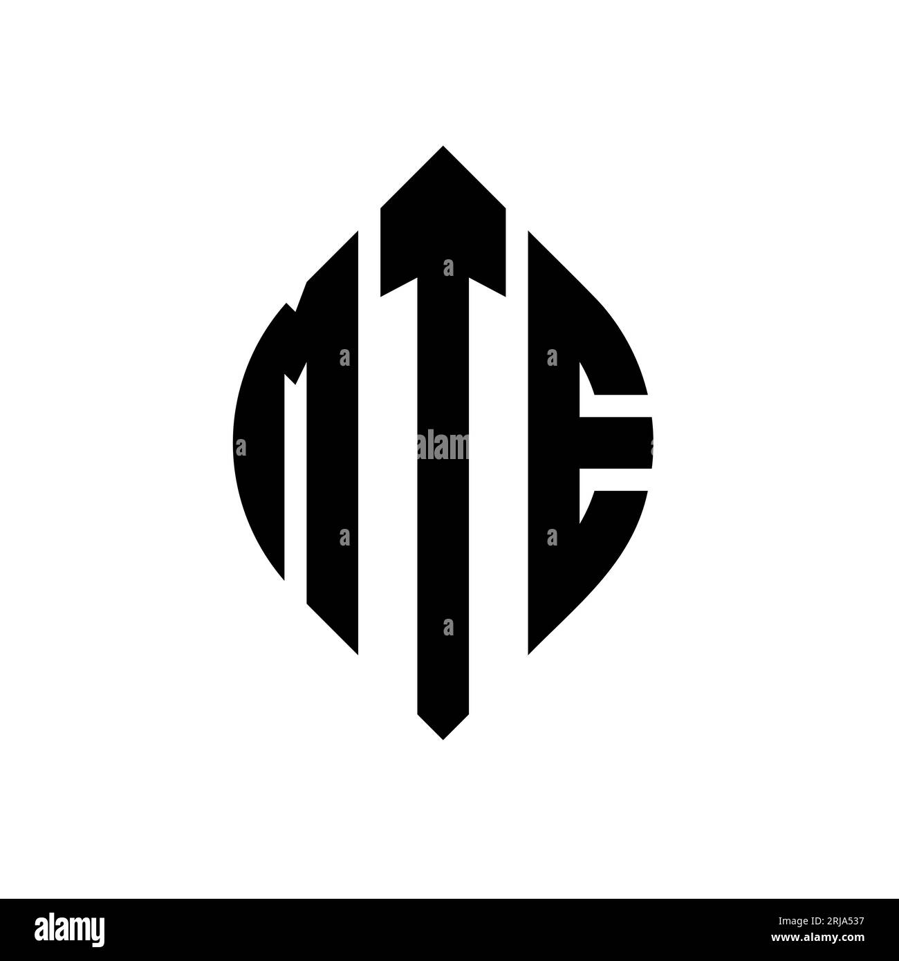 MTE-Logo mit kreisförmigem Buchstaben und Ellipsenform. MTE-Ellipsenbuchstaben im typografischen Stil. Die drei Initialen bilden ein kreisförmiges Logo. MTE CI Stock Vektor