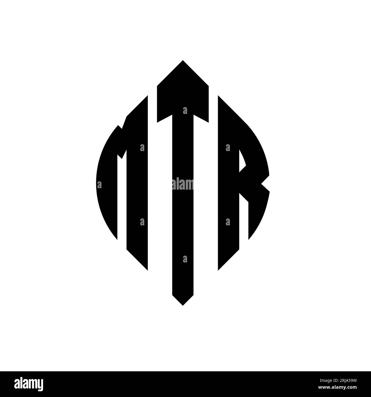MTR-Logo mit kreisförmigem Buchstaben und Ellipsenform. MTR-Ellipsenbuchstaben im typografischen Stil. Die drei Initialen bilden ein kreisförmiges Logo. MTR CI Stock Vektor