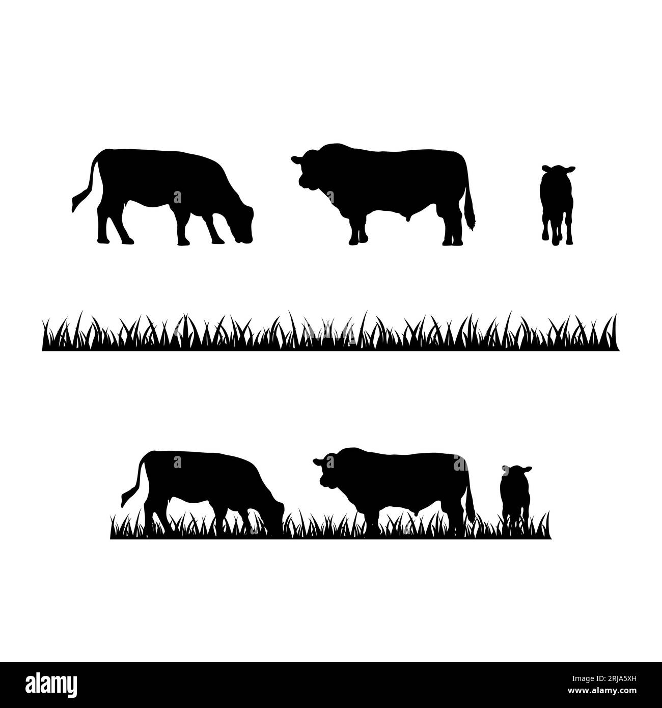 Angus Cow, Cow and Grass Farm – Silhouette des Bauernhofs mit Logo Stock Vektor