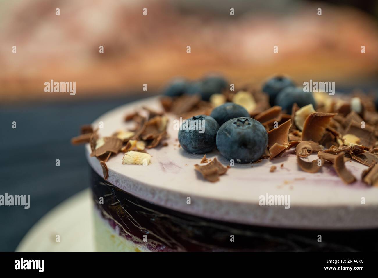 Köstlicher Blaubeerkuchen mit Schokoladenchip auf der Oberseite. Stockfoto