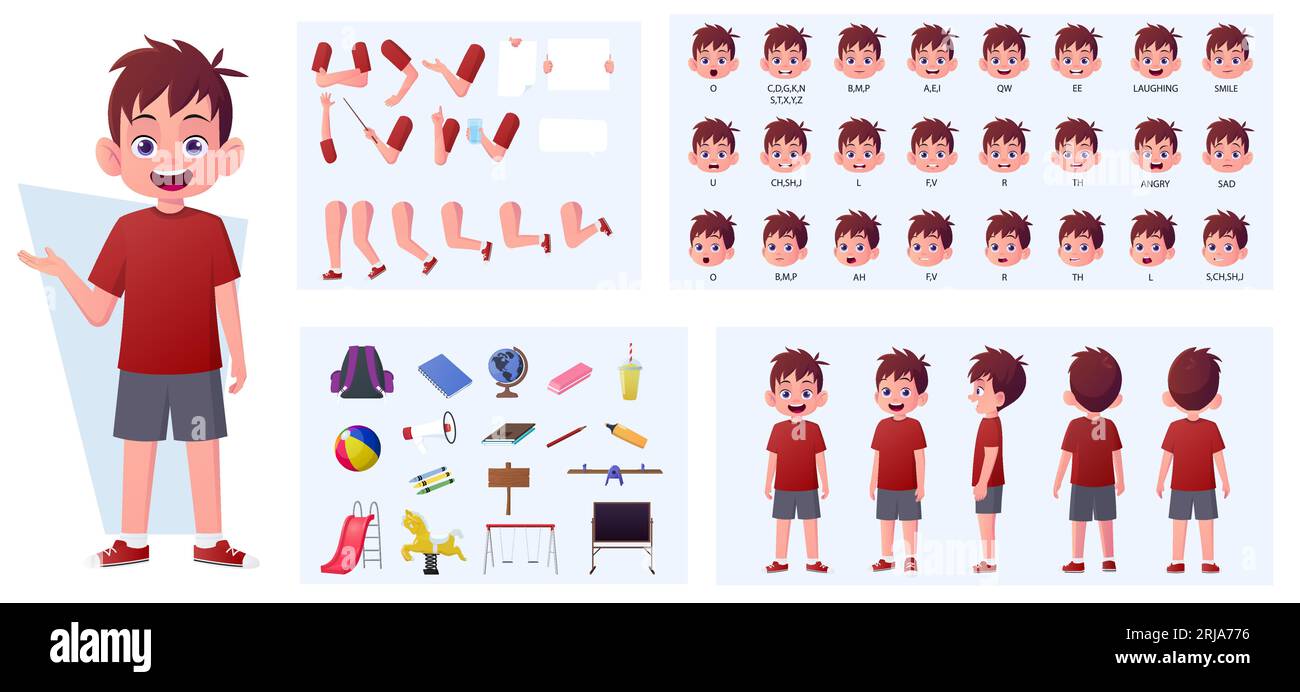 Zeichentrickfigur mit Jungen in Vorder-, Seiten- und Rückansicht. Lipensynchronisation, Gesichtsemotional, Gesten und Posen Premium-Vektor Stock Vektor