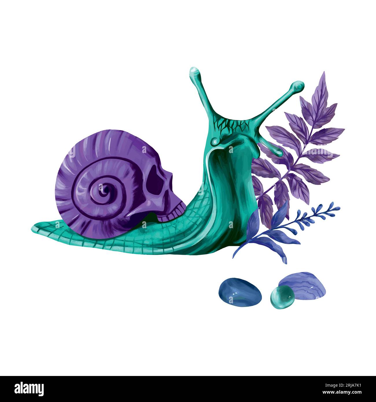 Schnecke, Schädel, Steine und Blätter. Vektorillustration für Esoterik und halloween. Komposition für Grußkarten, Weihnachtsbanner, Flyer, Cover. Stock Vektor