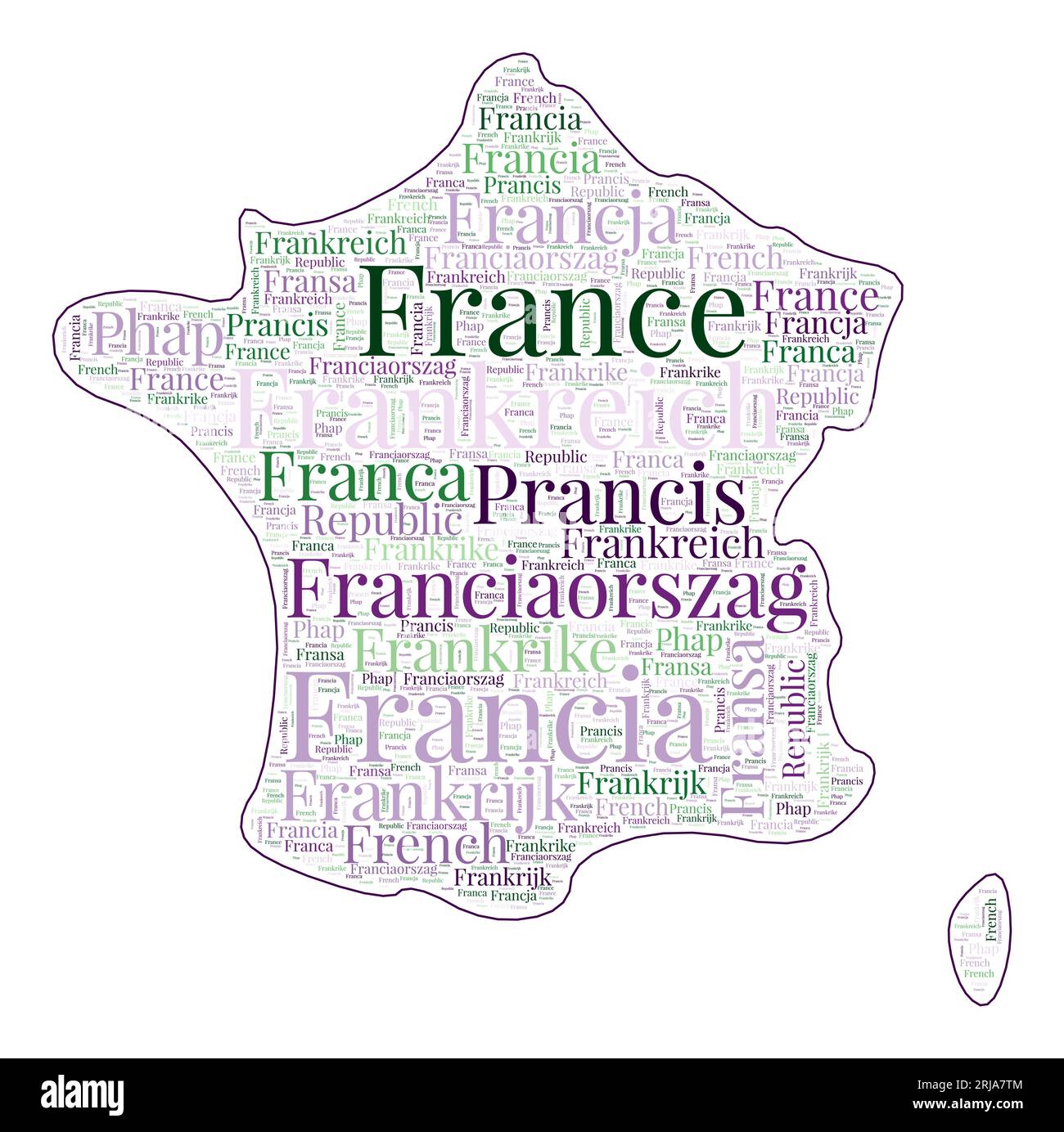 Frankreich-Form mit Ländernamen in vielen Sprachen. Frankreich Karte im Wortwolkenstil. Coole Vektorillustration. Stock Vektor