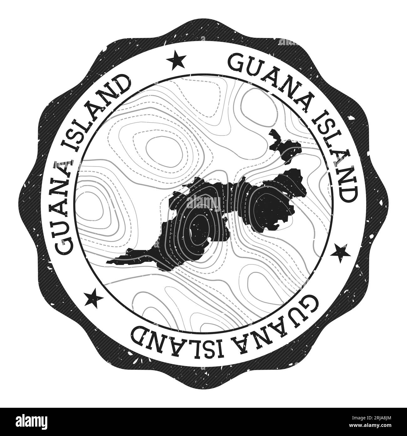 Außenmarke Guana Island. Runder Aufkleber mit Karte mit topographischen Isolinen. Vektorillustration. Kann als Insignia, Logo, Etikett, Aufkleber verwendet werden Stock Vektor