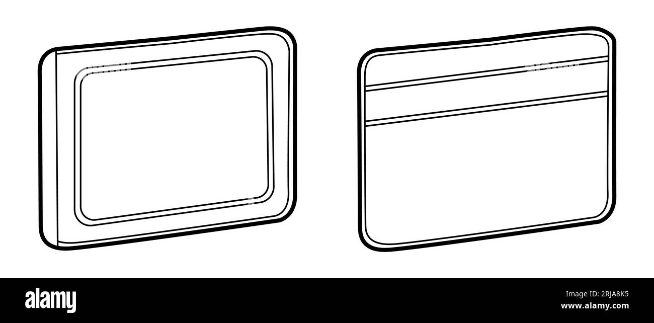Kartenhalter Brieftasche vorne und hinten mit Taschen, Fenstertaschen und Kosmetiktaschen. Technische Illustration für Modeaccessoires für Männer, Frauen, Unisex-Silhouettenstil, flache CAD-Skizzenkontur isoliert Stock Vektor