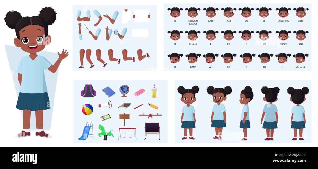 Afroamerikanisches Mädchen Figur Konstruktor Pack mit Gesten, Gesichtsausdrücken und verschiedenen Posen Vektor Illustration Stock Vektor