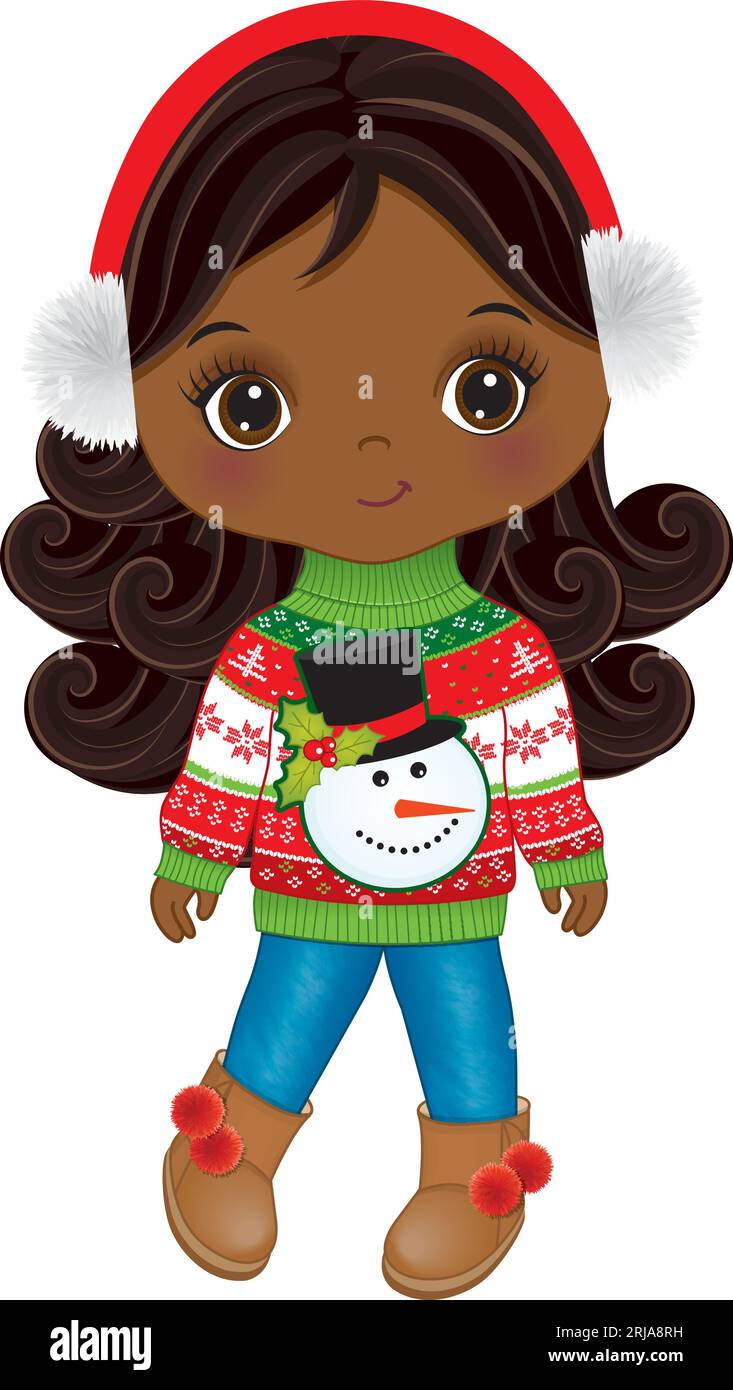 Vector niedliches kleines Schwarzes Mädchen im Weihnachtspullover Stock Vektor