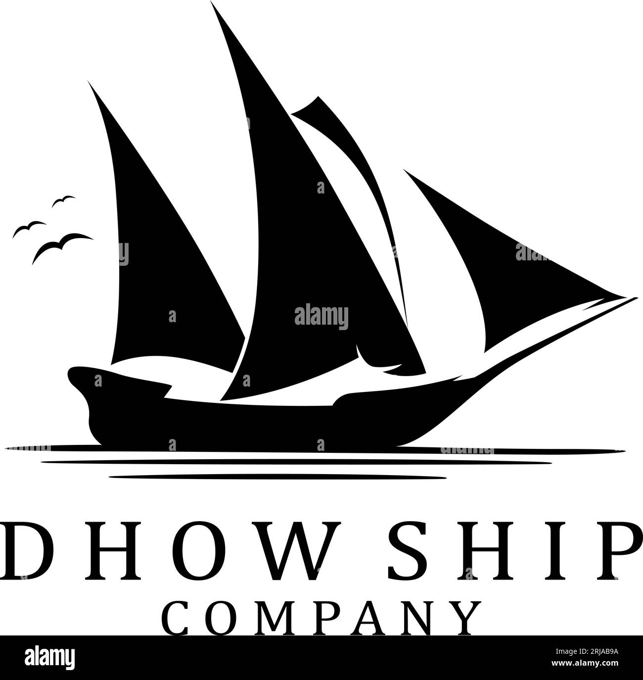 dhow Ship-Logo mit drei Segeln, die im Wind wehen Stock Vektor