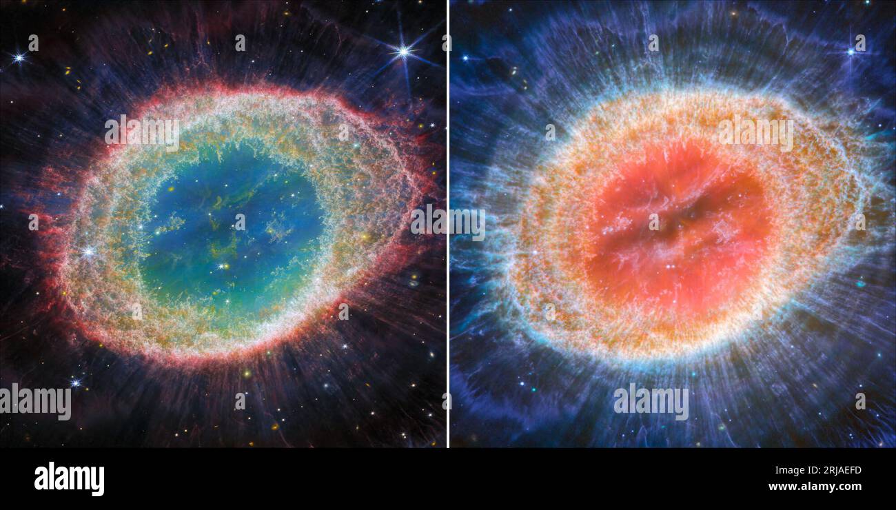 Neue Bilder vom NASA James Webb Space Telescope. August 2023. Ringnebel beispiellose räumliche Auflösung und spektrale Empfindlichkeit. Im NIRCam-Bild (Nahinfrarot-Kamera) auf der linken Seite sind die komplizierten Details der Filamentstruktur des inneren Rings in diesem Datensatz besonders sichtbar. Auf der rechten Seite zeigt das MIRI-Bild (Mid-Infrarotinstrument) besondere Details in den konzentrischen Merkmalen in den äußeren Bereichen des Nebelrings. Foto: ESA/Webb, NASA, CSA, M. Barlow, N. Cox, R. Wesson über CNP/ABACAPRESS.COM Credit: abaca Press/Alamy Live News Stockfoto