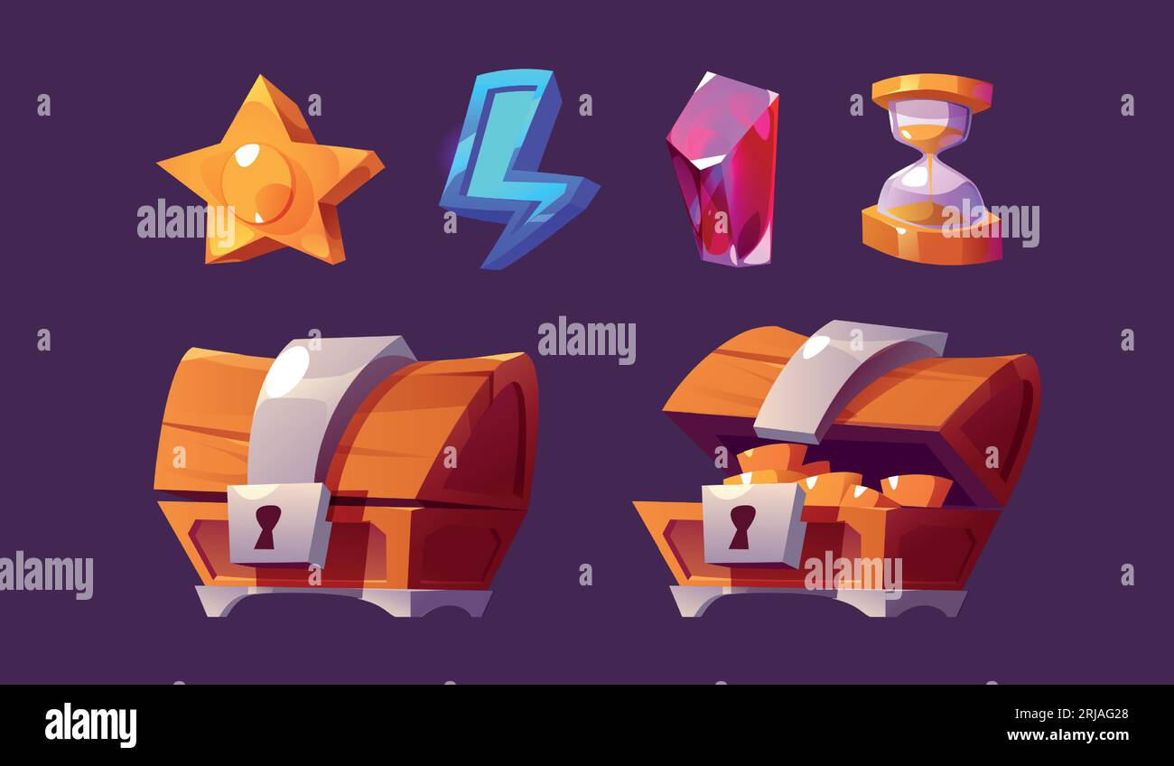 Zeichentricksatz mit Symbolen der spielbenutzeroberfläche, die im Hintergrund isoliert sind. Vektor-Illustration von offener und geschlossener hölzerner Schatztruhe mit Geld, goldenem Stern, blauem Blitz, Sanduhr. Symbole für Online-Casino-Spielautomaten Stock Vektor
