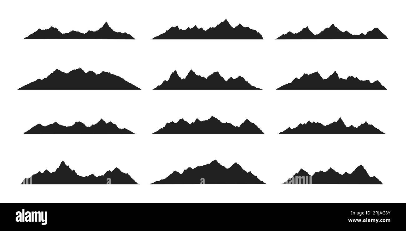 Mountain Ridges Peak Silhouetten flache Design Vektor Illustration Set isoliert auf weißem Hintergrund. Stock Vektor