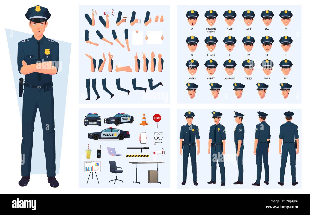 Policeman Character Creation mit Gesten, Gesichtsausdrücken, verschiedenen Posen, Polizeiauto und verschiedenen Elementen Stock Vektor