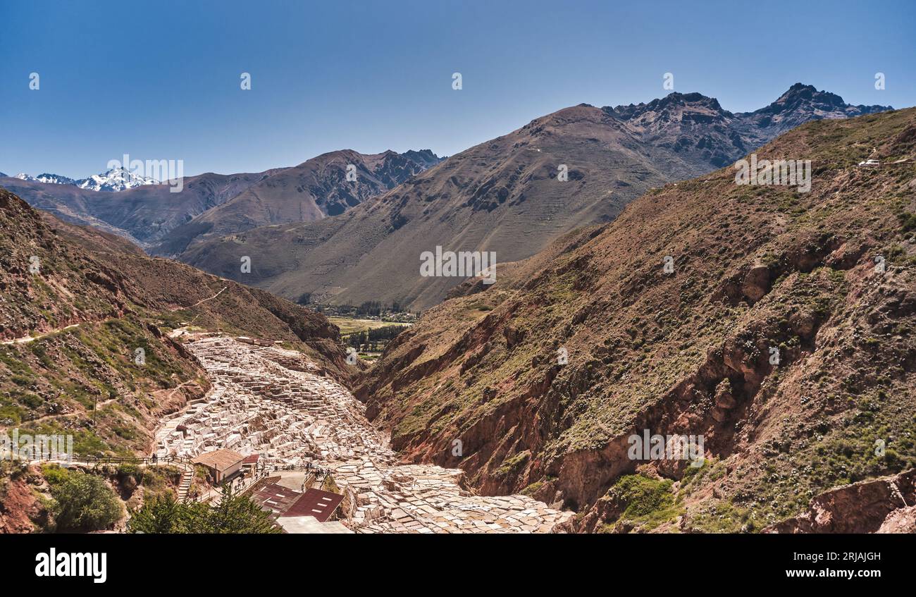 Salinas de Maras. Blick aus der Vogelperspektive auf die Salzminen von Maras im heiligen Tal in der Nähe von Cusco, Peru. Stockfoto