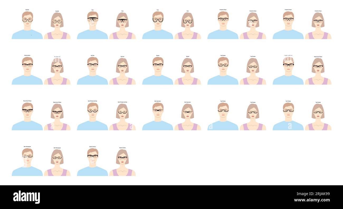 Set mit Half Rim-Brillenfassung auf Frauen und Männer Flat Character Fashion Accessoire Illustration. Sonnenbrille mit Silhouette, Brille mit flachem Rand, Objektivskizze isoliert Stock Vektor