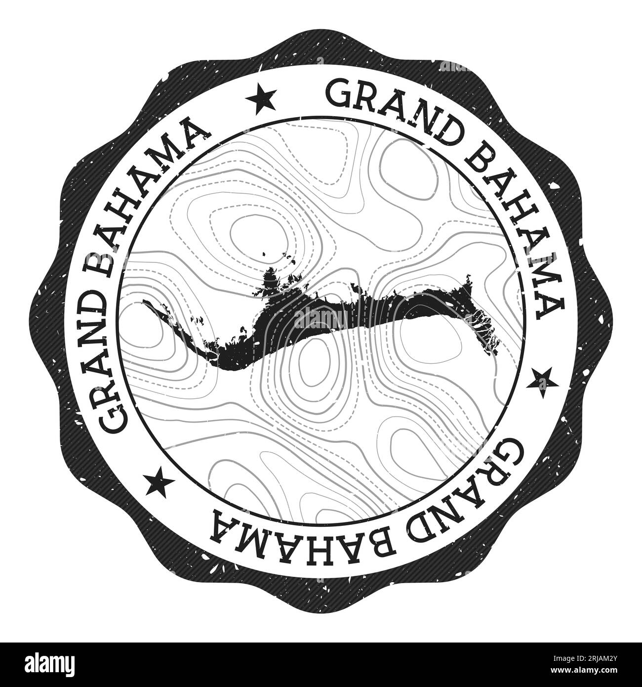 Grand Bahama Außenmarke. Runder Aufkleber mit Karte der Insel mit topographischen Isolinien. Vektorillustration. Kann als Insignia, Logotyp, Label, Stock Vektor