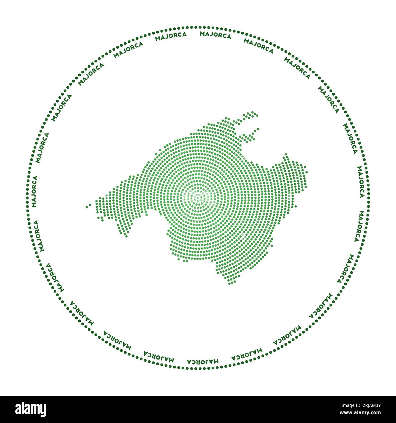 Rundes Logo auf Mallorca. Digitale Form Mallorcas im gepunkteten Kreis mit Inselnamen. Techniksymbol der Insel mit verlaufenden Punkten. Stock Vektor