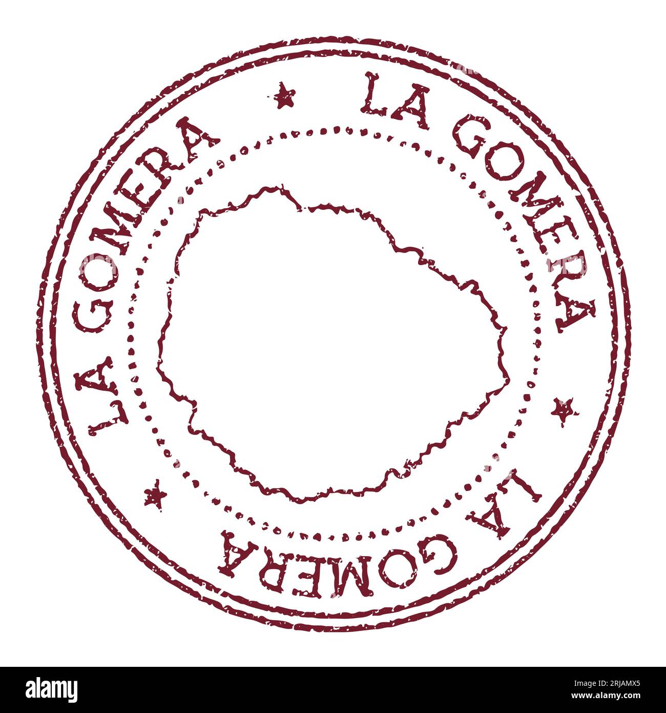 La Gomera Runde Gummimarke mit Inselkarte. Vintage-roter Passstempel mit kreisförmigem Text und Sternen, Vektorillustration. Stock Vektor