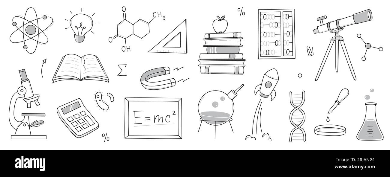 Doodle Science, eine Ikone der Schule. Handgezeichnete Skizzen bilden den wissenschaftlichen Hintergrund. Schulchemie, Physikunterricht, Biologiekonzeptsymbol. Darstellung des von Hand gezeichneten Linienvektors. Stock Vektor