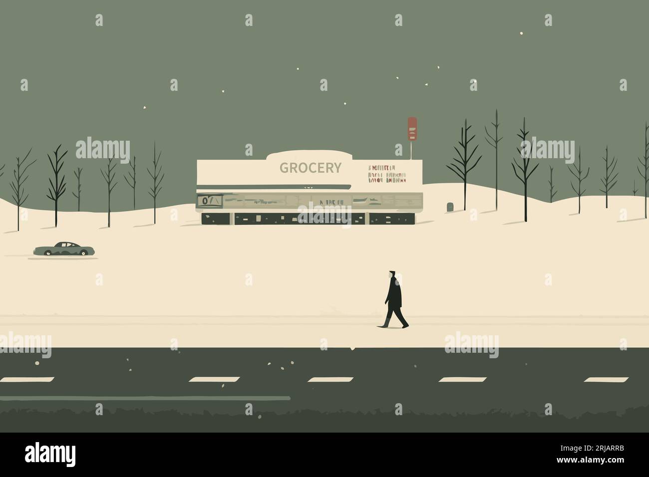 Minimalist Scene of a Lonely Man Walking in the Winter Snow Next to an Empty Road with Barren Trees, a Grocery Store, and a Broken Down Car. Vector. Stock Vektor
