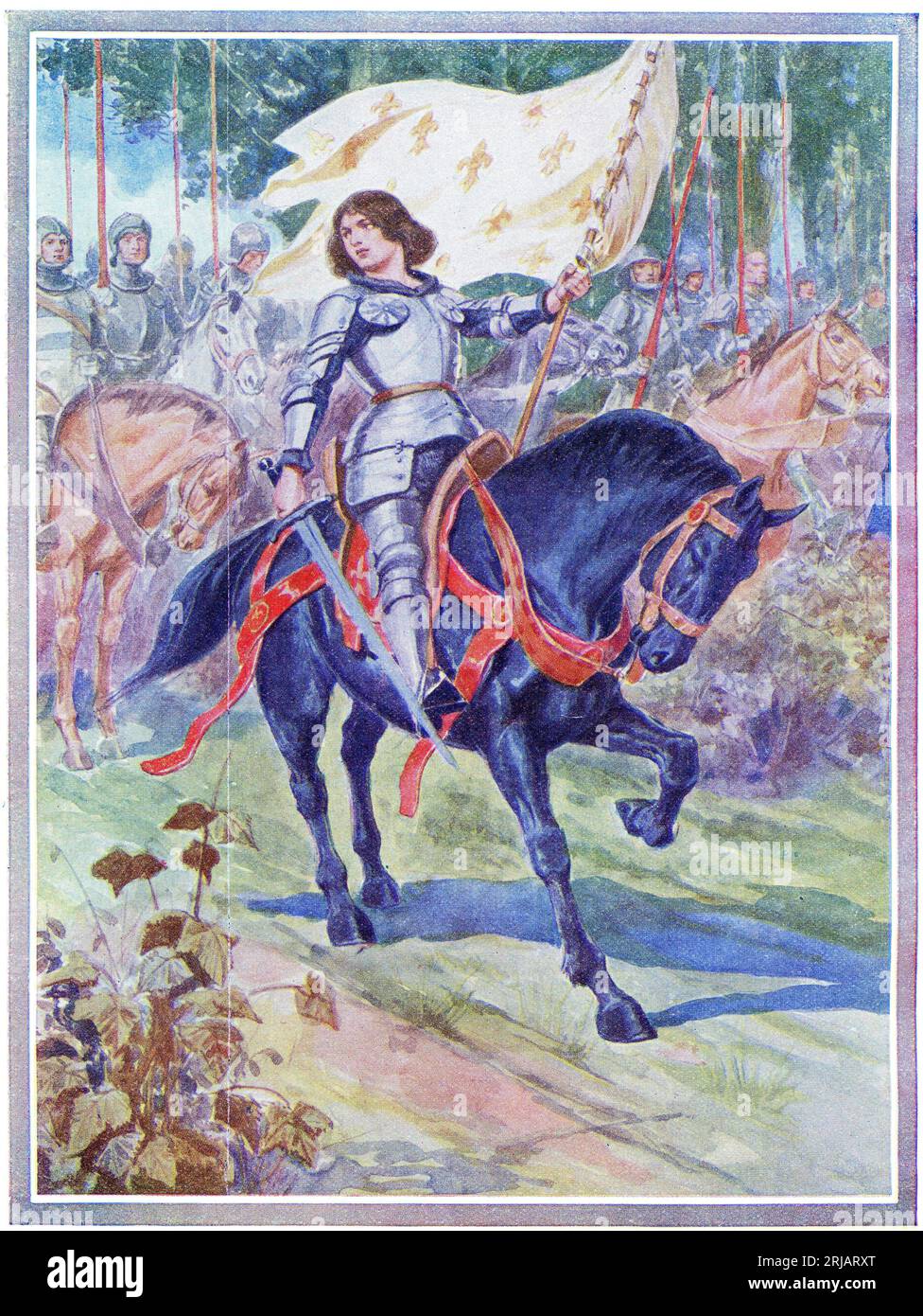 Jeanne d'Arc an der Spitze der französischen Armee, Jeanne ( ca. 1412 – 30. Mai 1431) ist ein Schutzpatron von Frankreich, geehrt als Verteidigerin der französischen Nation für ihre Rolle bei der Belagerung von Orléans und ihr Beharren auf der Krönung Karls VII. von Frankreich während des Hundertjährigen Krieges. Stockfoto