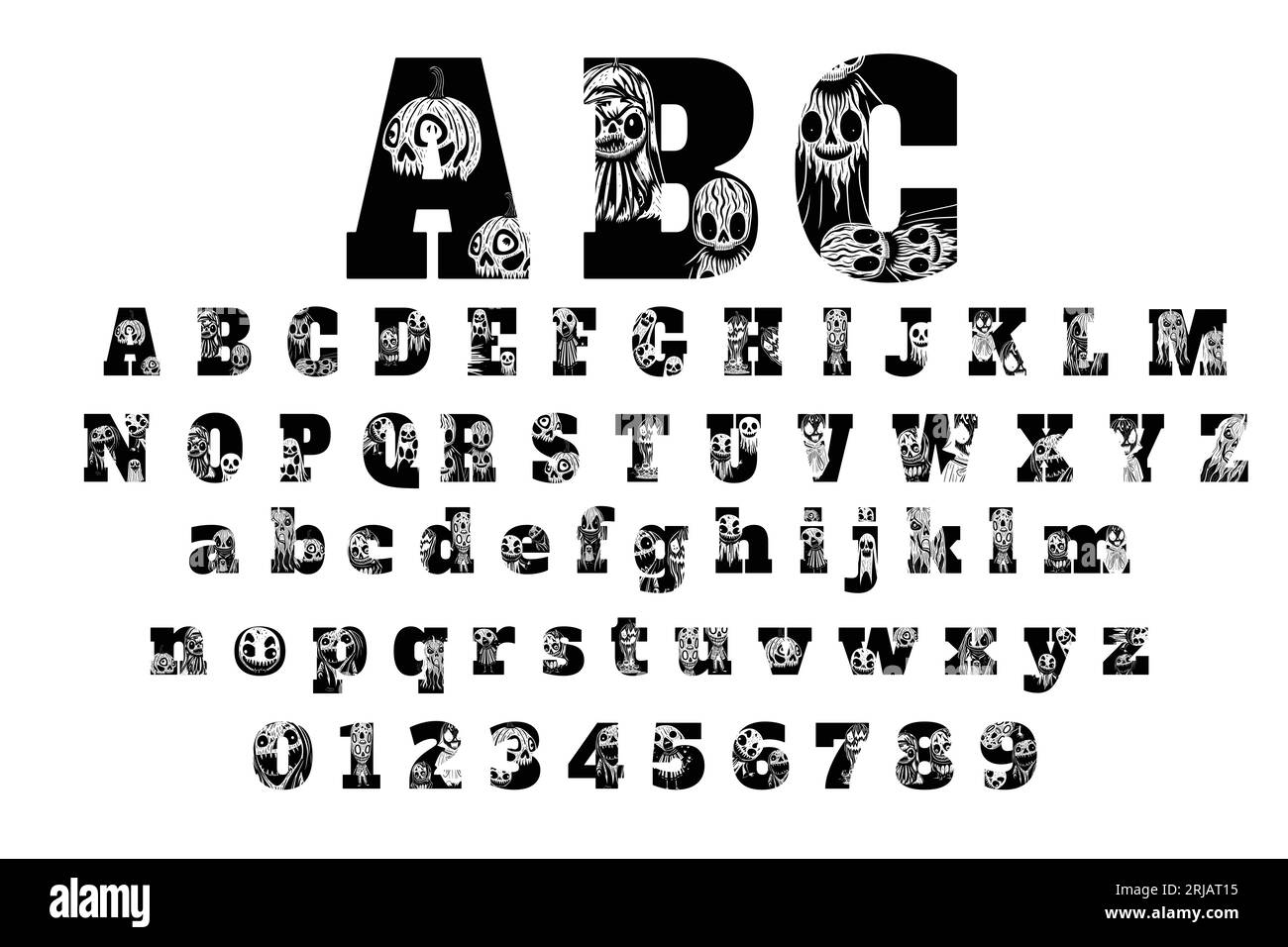 Alphabet mit gruseligen Halloween-Geistermustern, A-Z-gruseligen Buchstaben, Vektorillustration. Stock Vektor