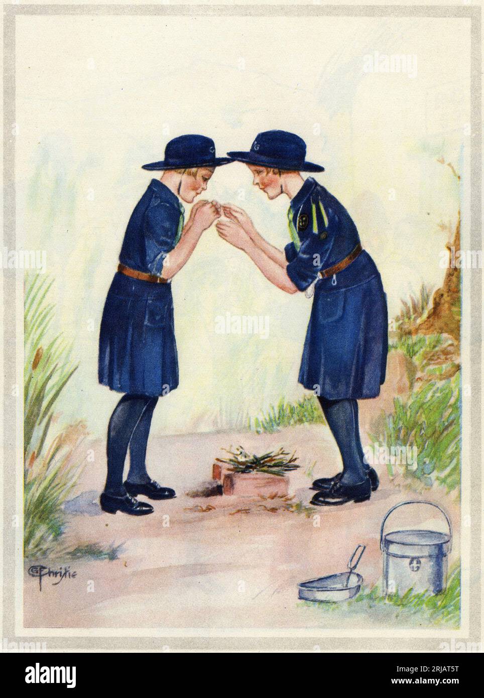 Charmanter Chromolithograph zweier Mädchen im Spiel, der die Insekten vergleicht, die sie gefangen haben. Um 1910 Stockfoto