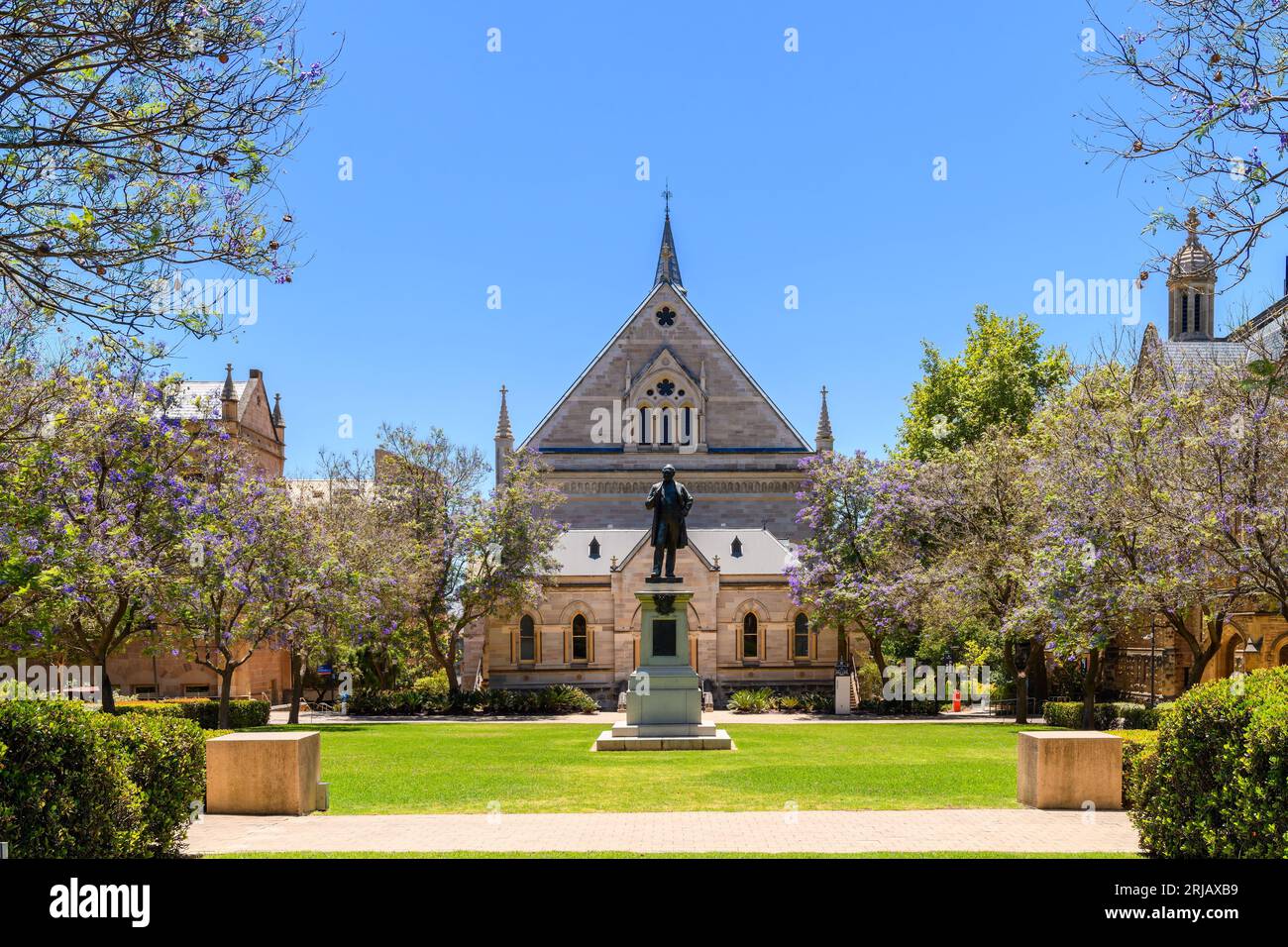 Adelaide, South Australia - 28. Dezember 2022: Campus-Gebäude der University of Adelaide mit einem Denkmal und Jacarandablüten in ganz G Stockfoto