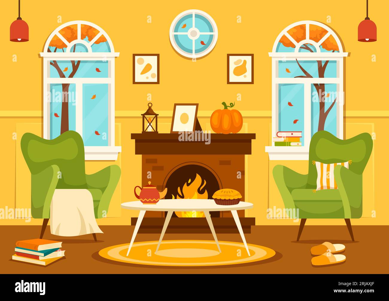 Herbst gemütliche Wohnkultur Vektor Illustration mit Wohnzimmer Innenmöbel Hintergrund Elemente in Flat Cartoon Hand gezeichnete Vorlagen Stock Vektor