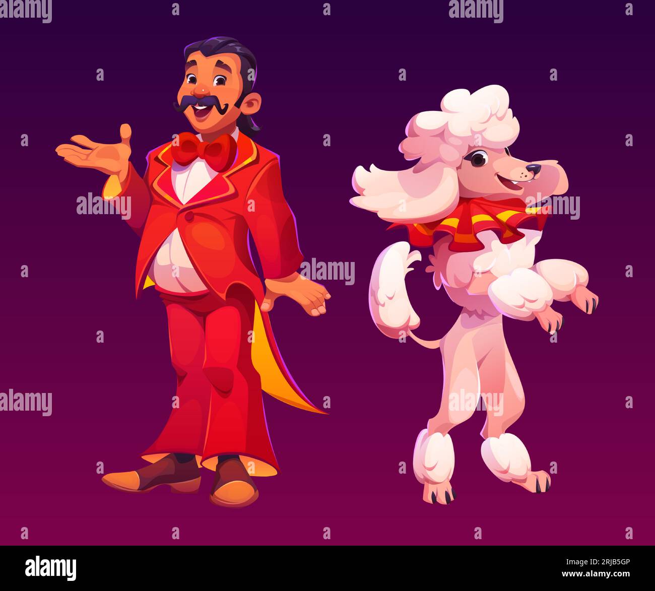 Cartoon-Zirkus-Mann-Figur und Pudelvektorset. Karnevalsmagiker mit Hund im Vintage-Anzug. Haustiertrainer im kreativen Retro-Kostümstand in der Nähe des springenden Hundes. Niedlicher und lustiger Zirkuskünstler Stock Vektor