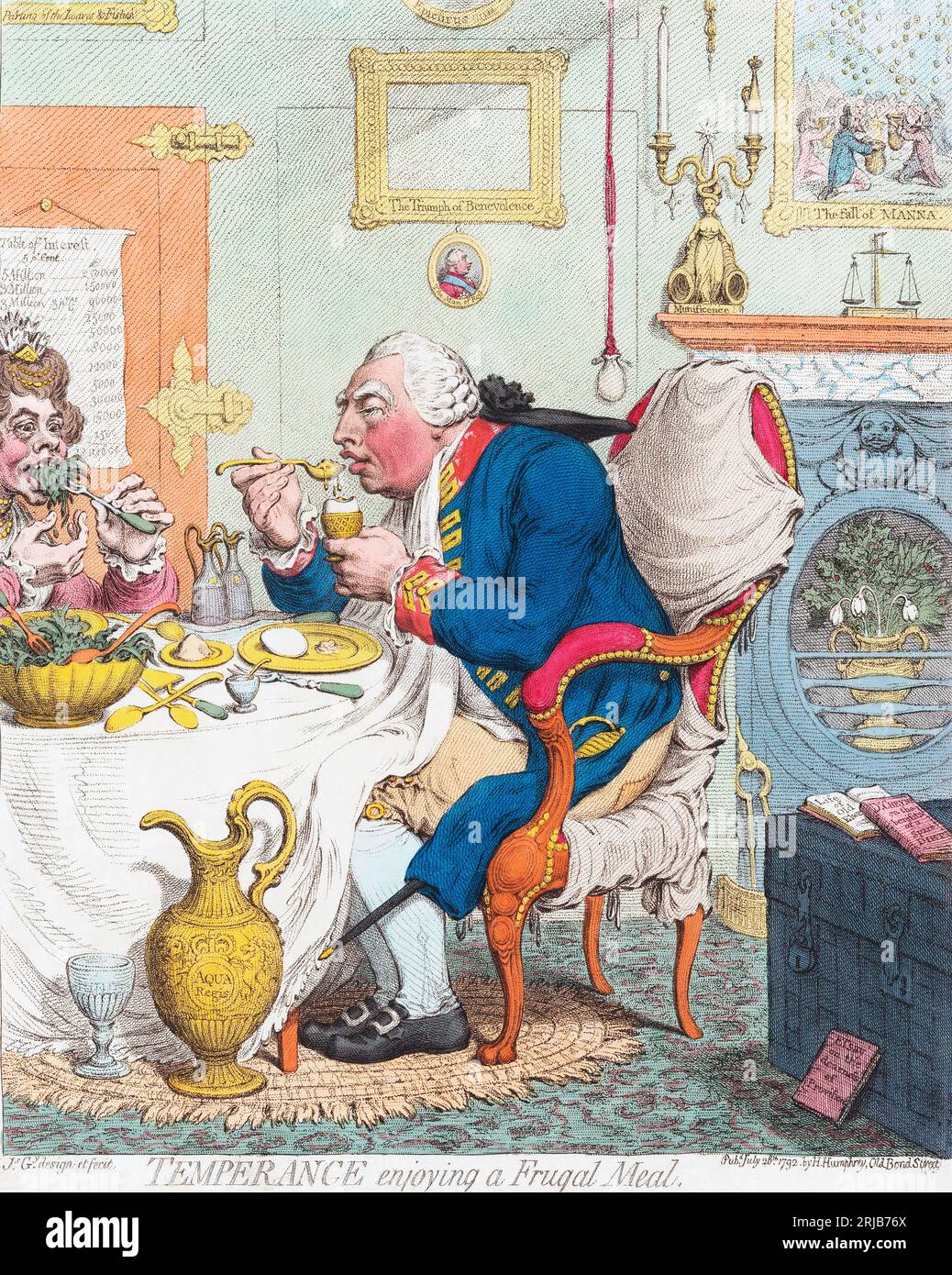 "Mäßigung, die eine sparsame Mahlzeit genießt". Ein satirischer Druck von James Gillray vom 28. Juli 1792. König Georg III. Und seine Frau Königin Charlotte aßen eines ihrer berühmten frugalen Mahlzeiten. Stockfoto