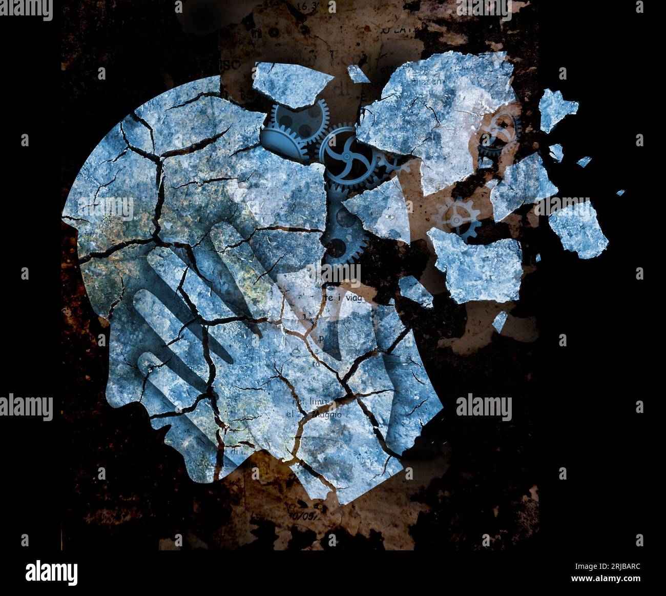 Psychische Erkrankungen Alzheimer-Krankheit, Dementi. Stilisierte männliche Kopfsilhouette mit trocken gerissener Erde und Ausrüstung, symbolisiert psychiatrische Probleme. Stockfoto