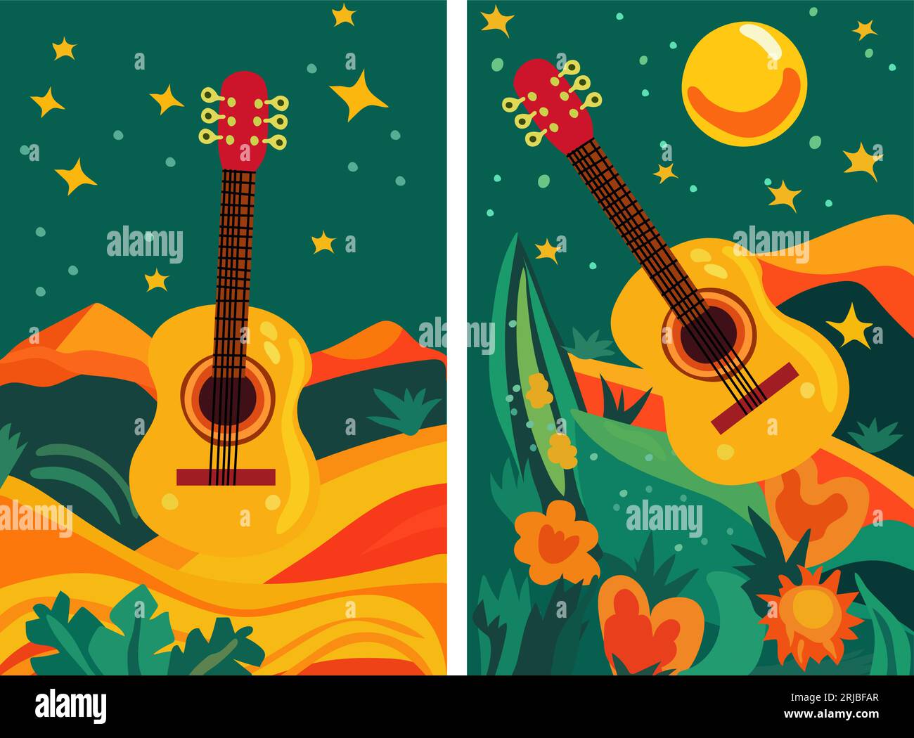 Dia de los Muertos, Tag der Toten in Mexiko mit Gitarre, Blumen und Blättern. Design für Poster, Banner und Karten. Vektor Stock Vektor