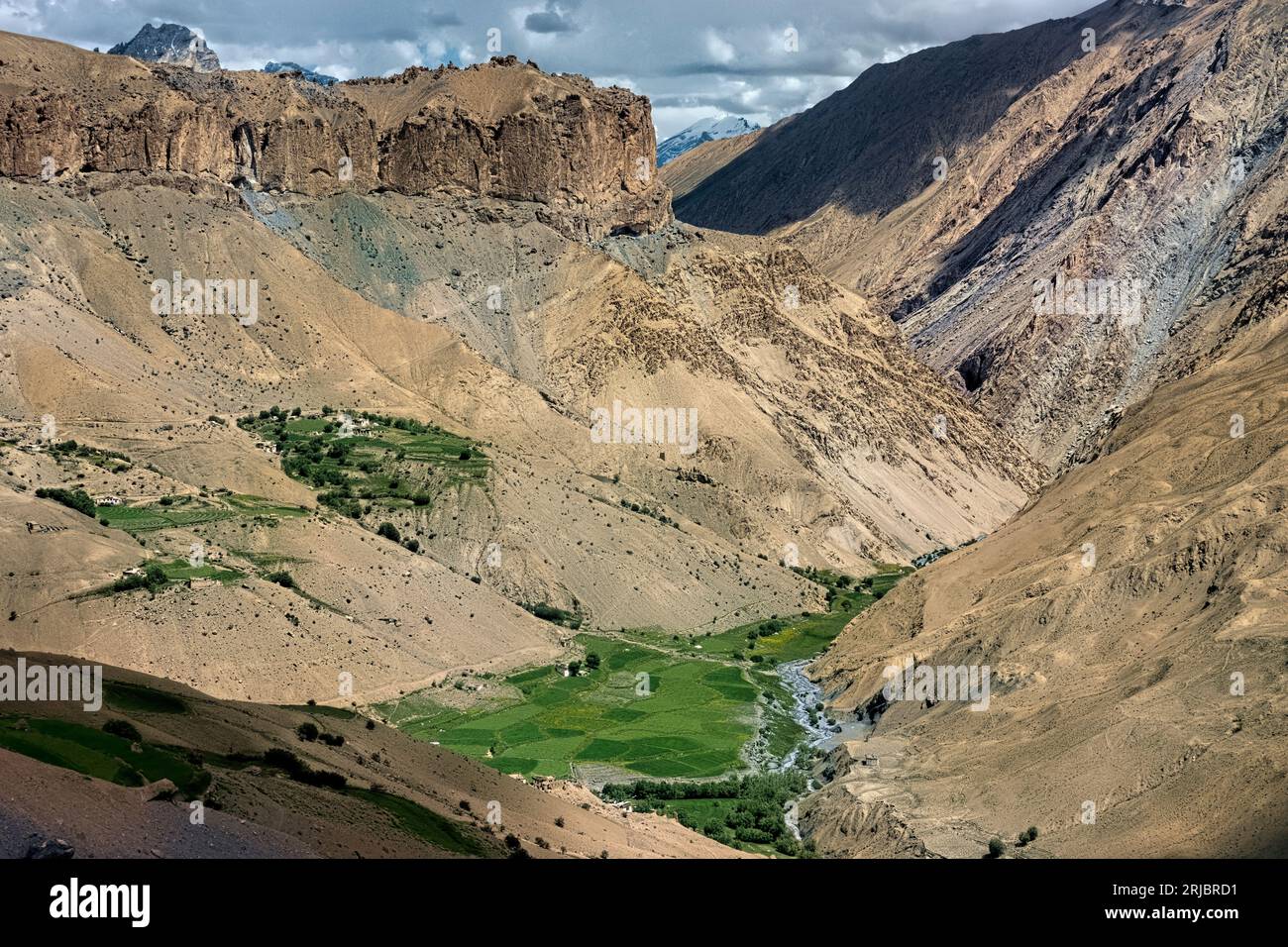 Blick auf die Oase von Lingshed auf der Trans-Zanskar Trek, Ladakh, Indien Stockfoto