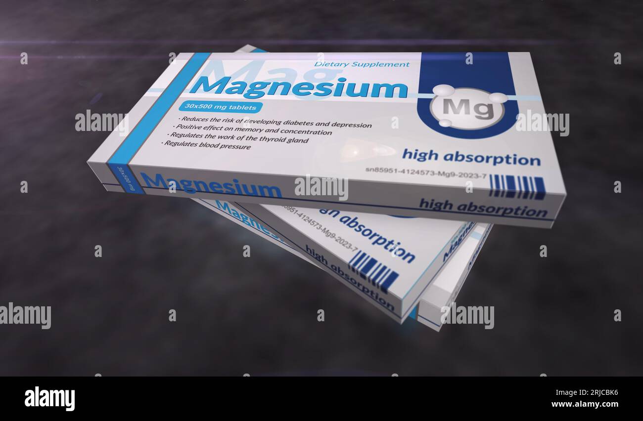 Magnesium Tablets Box Produktionslinie. Unterstützt Speicher- und Konzentrationspillen-Pack Factory. Abstraktes Konzept 3D-Rendering-Illustration. Stockfoto
