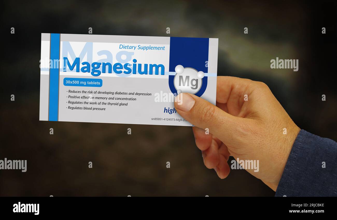 Magnesiumtabletten-Box in der Hand. Unterstützt Speicher- und Konzentrationspillen-Pack Factory. Abstraktes Konzept 3D-Rendering-Illustration. Stockfoto