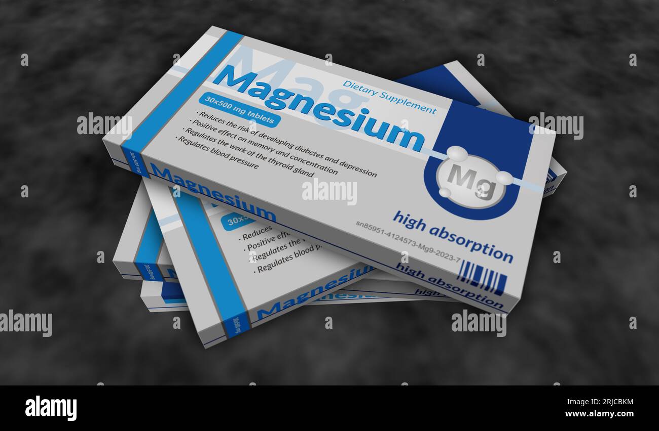 Magnesium Tablets Box Produktionslinie. Unterstützt Speicher- und Konzentrationspillen-Pack Factory. Abstraktes Konzept 3D-Rendering-Illustration. Stockfoto