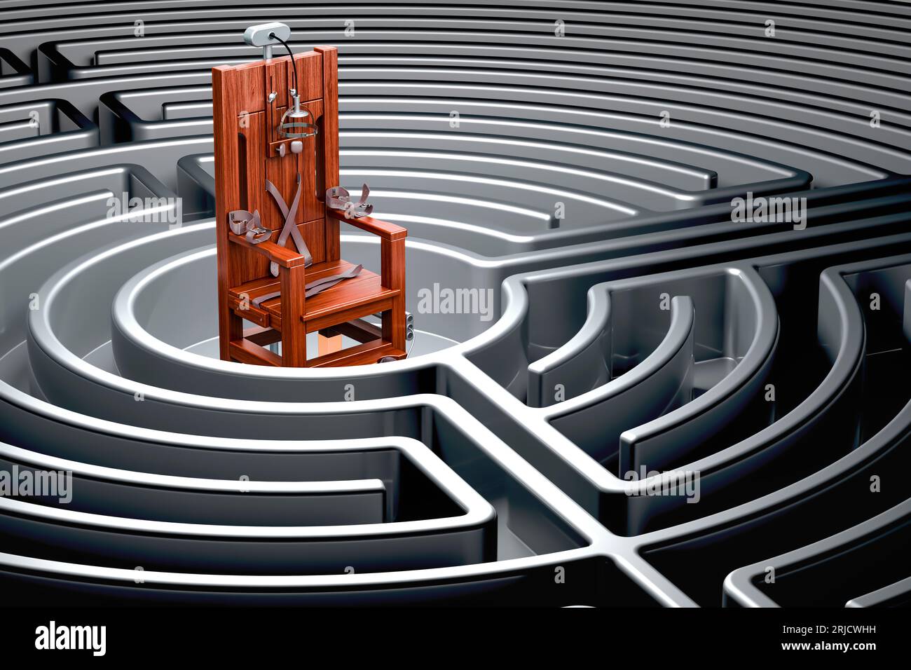 Elektrischer Stuhl im dunklen Labyrinth, 3D-Rendering Stockfoto